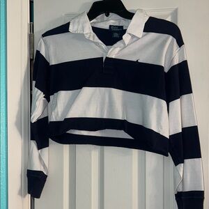 Ralph Lauren White and Blue Long Sleeve Crop Polo Top